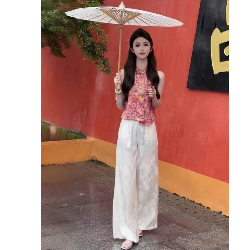 〈纪朵研〉1055夏装新中式国风提花无袖马甲上衣垂感休闲裤两件套