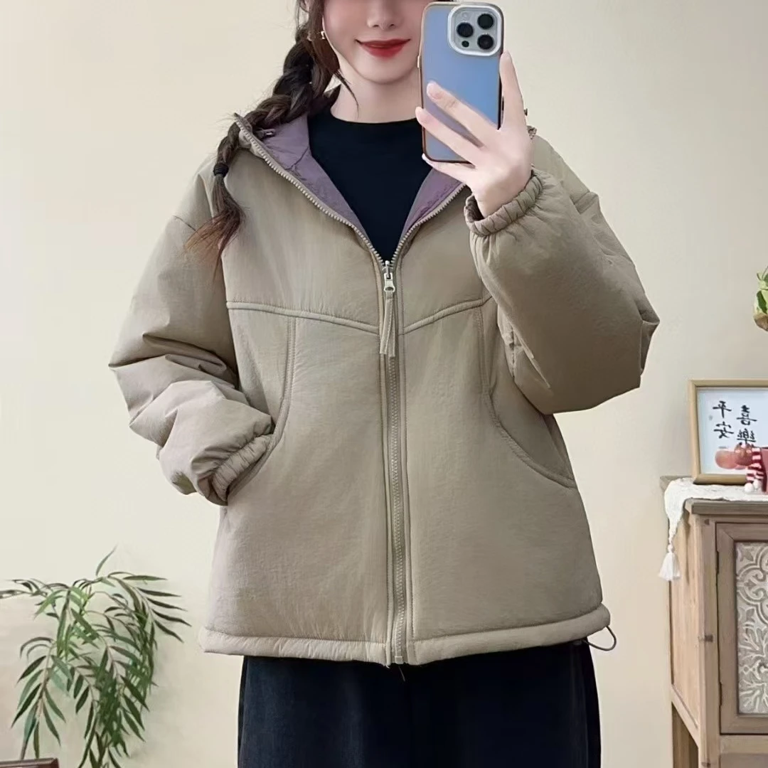 591新款秋冬时尚休闲双面穿连帽棉服冬季百搭宽松显瘦棉衣女