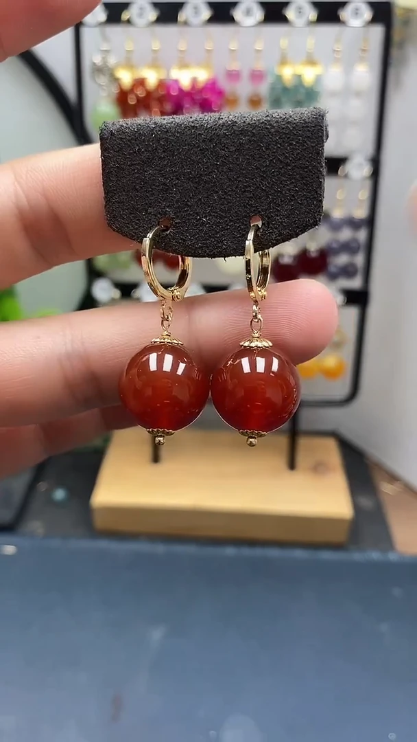 银S925镀金镶嵌南红玛瑙耳饰尺寸16mm耳扣66