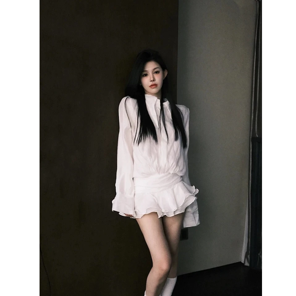 Hello熙熙【白色恋人】衬衫气质荷叶边衬衣裙+牛仔裤 B010