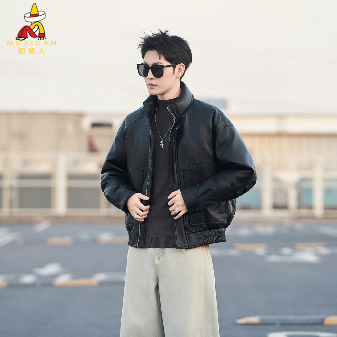 稻草人痞帅保暖皮羽绒服男冬季2025新款复古潮牌宽松加厚短款外套