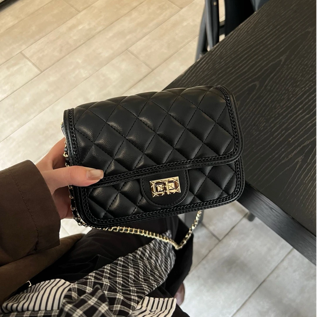爆款时尚百搭经典通勤包斜挎包黑色链条包包包小单肩菱格包肩包女
