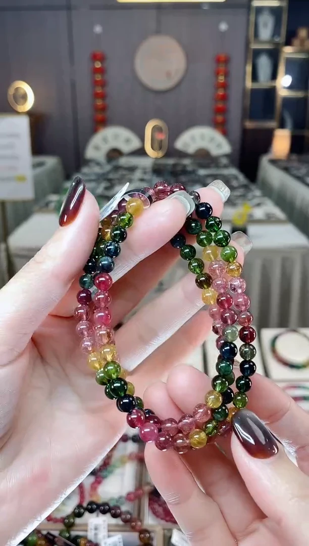 未镶嵌老矿碧玺色标彩虹净体三圈手串5mm+碧玺dan多样性发货一条
