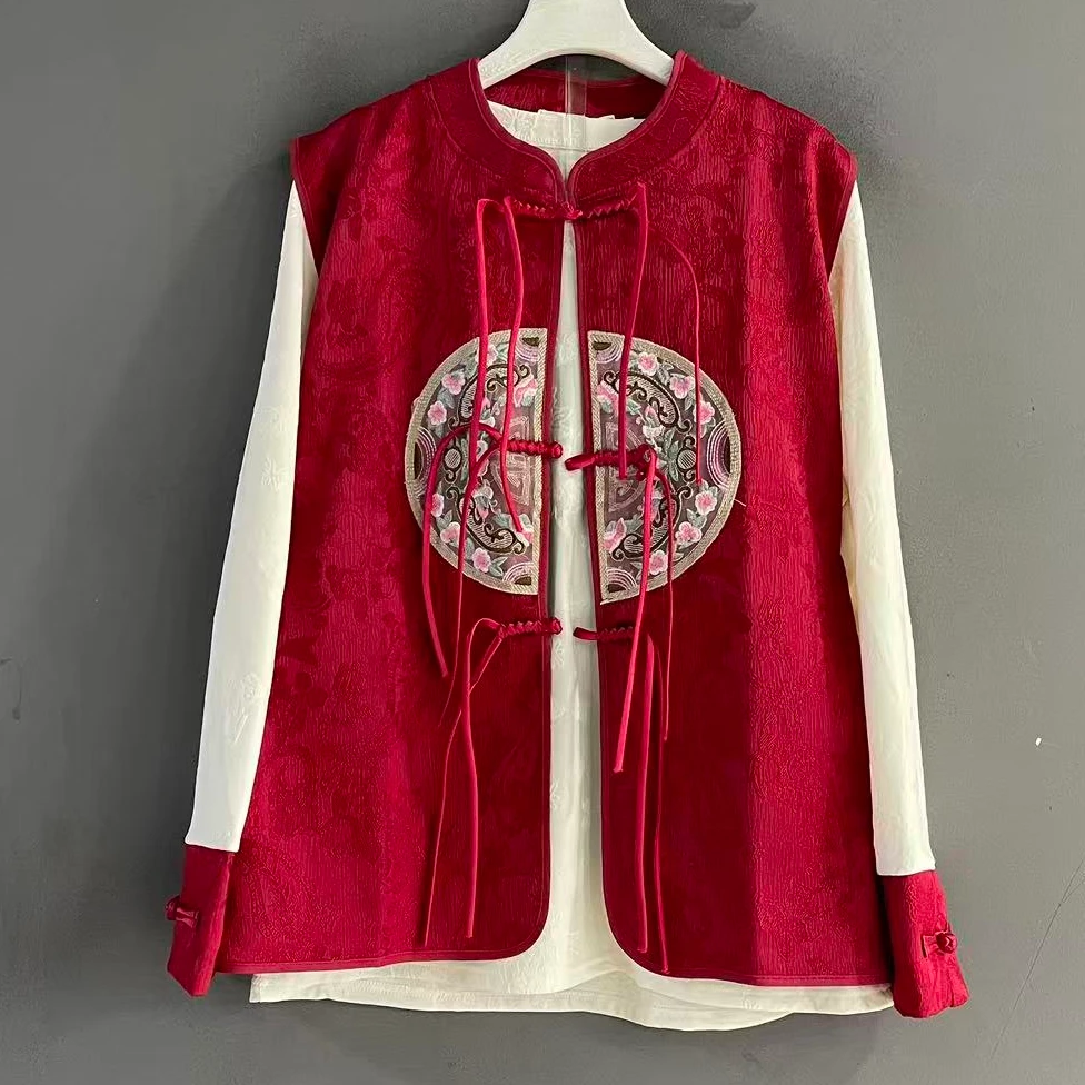 大码女装秋冬马甲小衫两件套民族风中式中国风冬季红色复古上衣