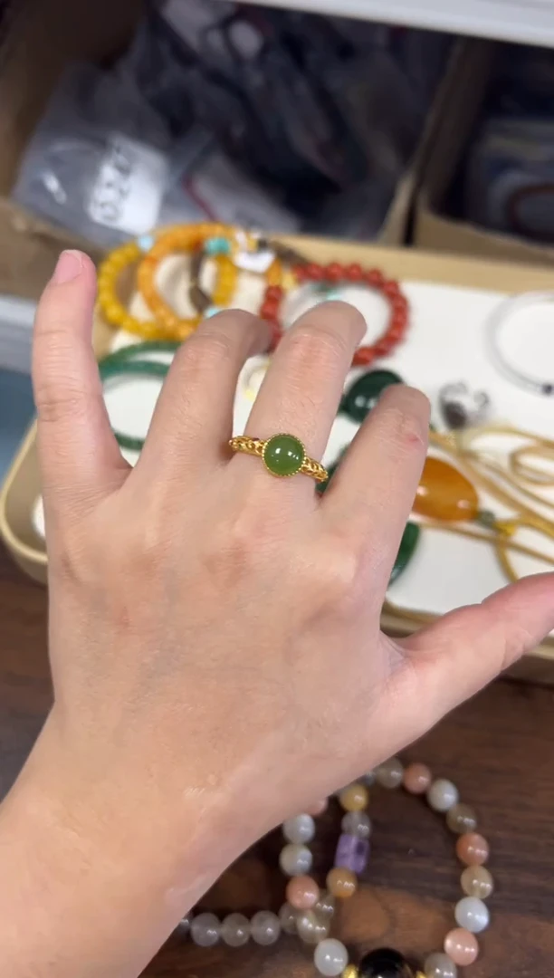 银S925镶嵌戒指和田玉和田玉碧玉果绿圆蛋面银戒指[2901]