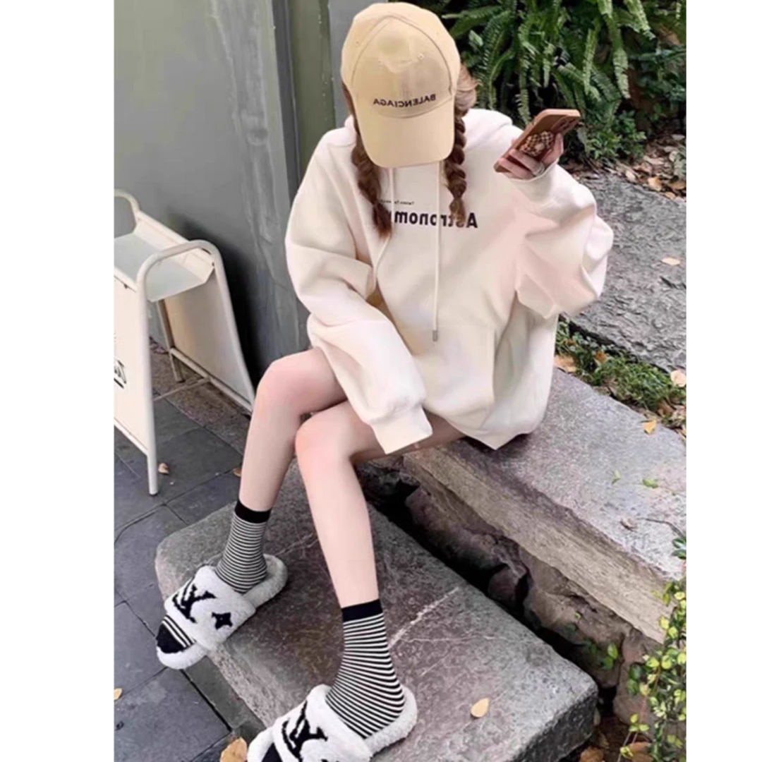 美式连帽加绒卫衣女秋冬宽松加厚中长款上衣小个子慵懒风外套6983