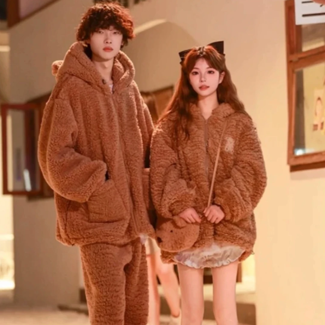 情侣睡衣秋冬款珊瑚绒加厚女可爱加绒家居服男保暖套装法兰绒冬季