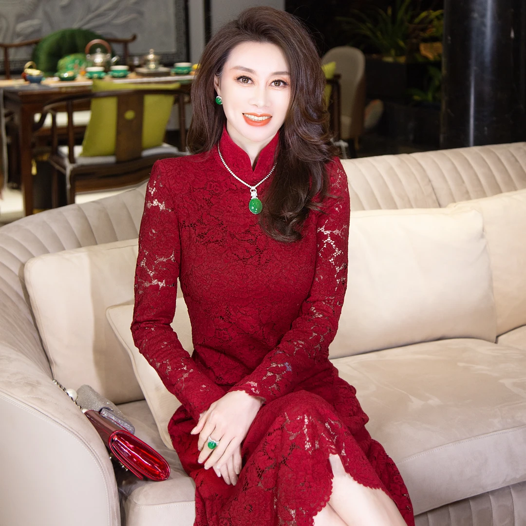 EDFNOT/杨红霞汝意FS酒红色中式立领蕾丝连衣裙（短款）