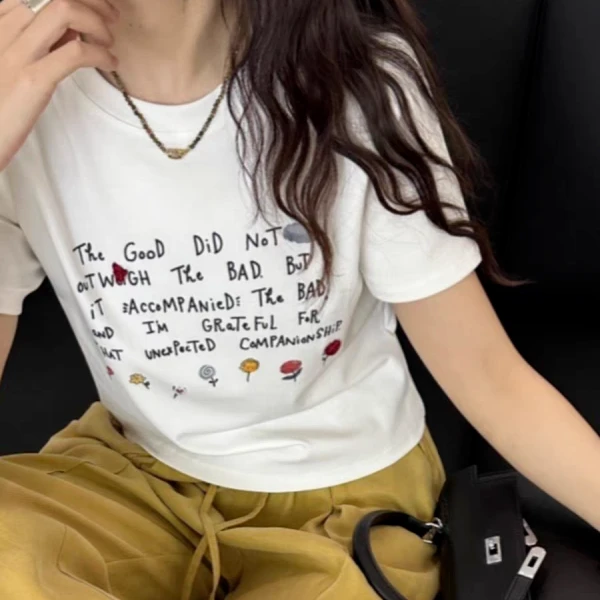 胖mm大码女装韩国货夏季2025新款字母图案印花显瘦遮肉正肩短袖