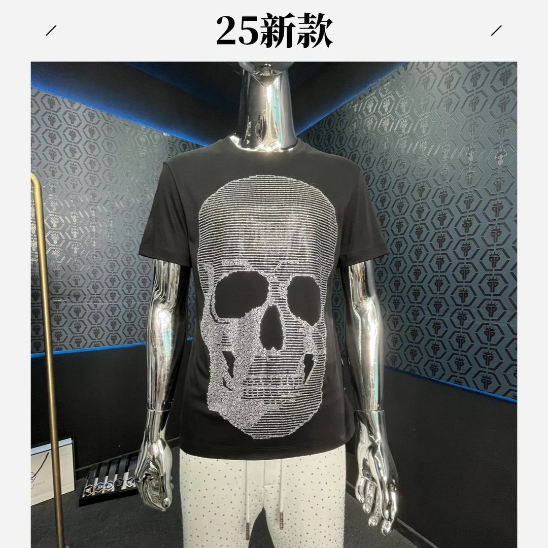 3D轻奢重工烫钻骷髅圆领半袖修身液氨匹马棉男士T恤
