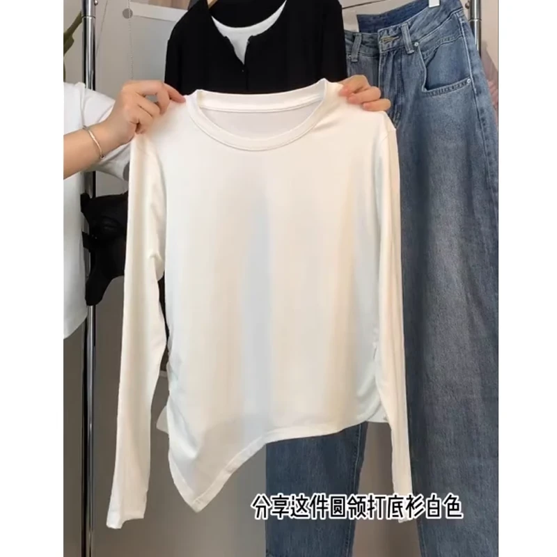 大码胖mm200斤纯色小众圆领打底衫女春不规则下摆遮肉洋气长袖t恤