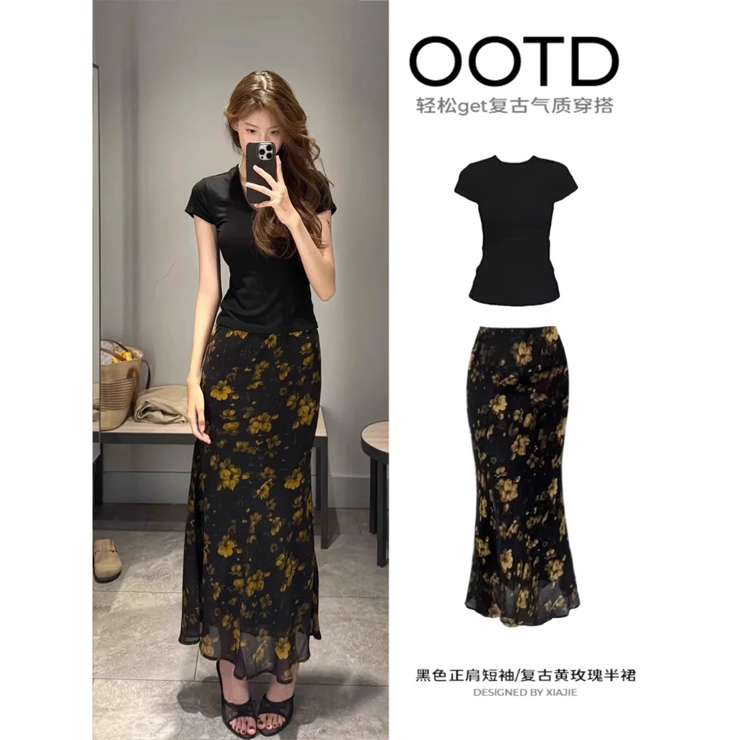 黑色复古黄玫瑰碎花裙半身裙子套装女夏季轻熟修身包臀长裙一整套