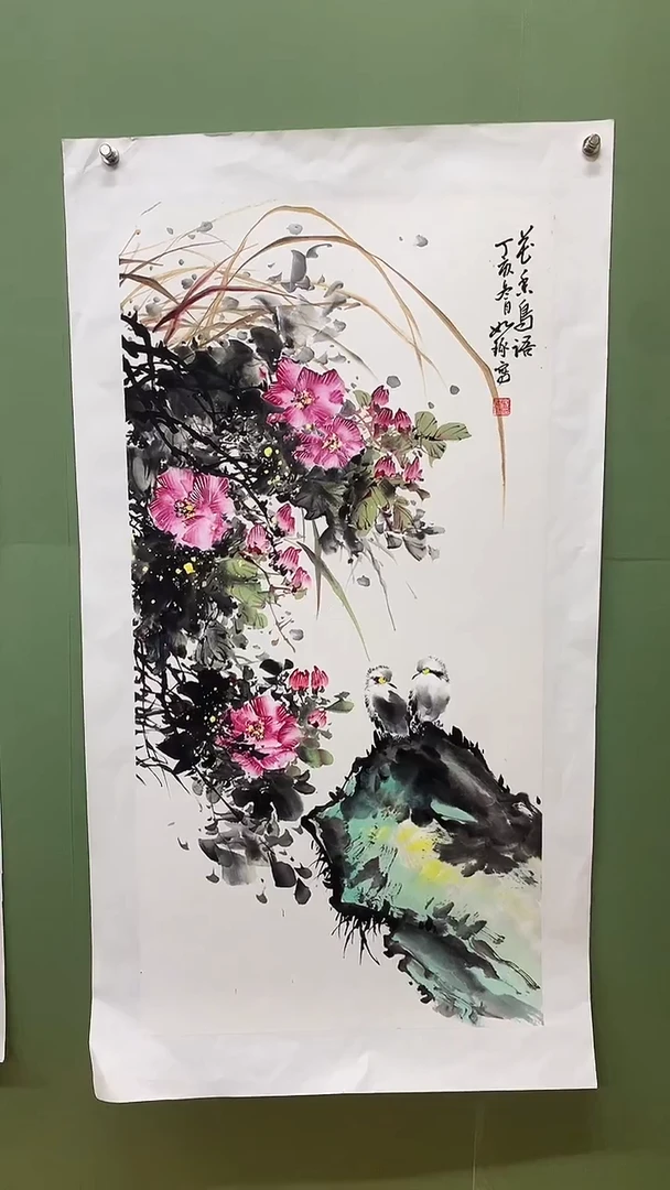竖款精品三尺花鸟，花香