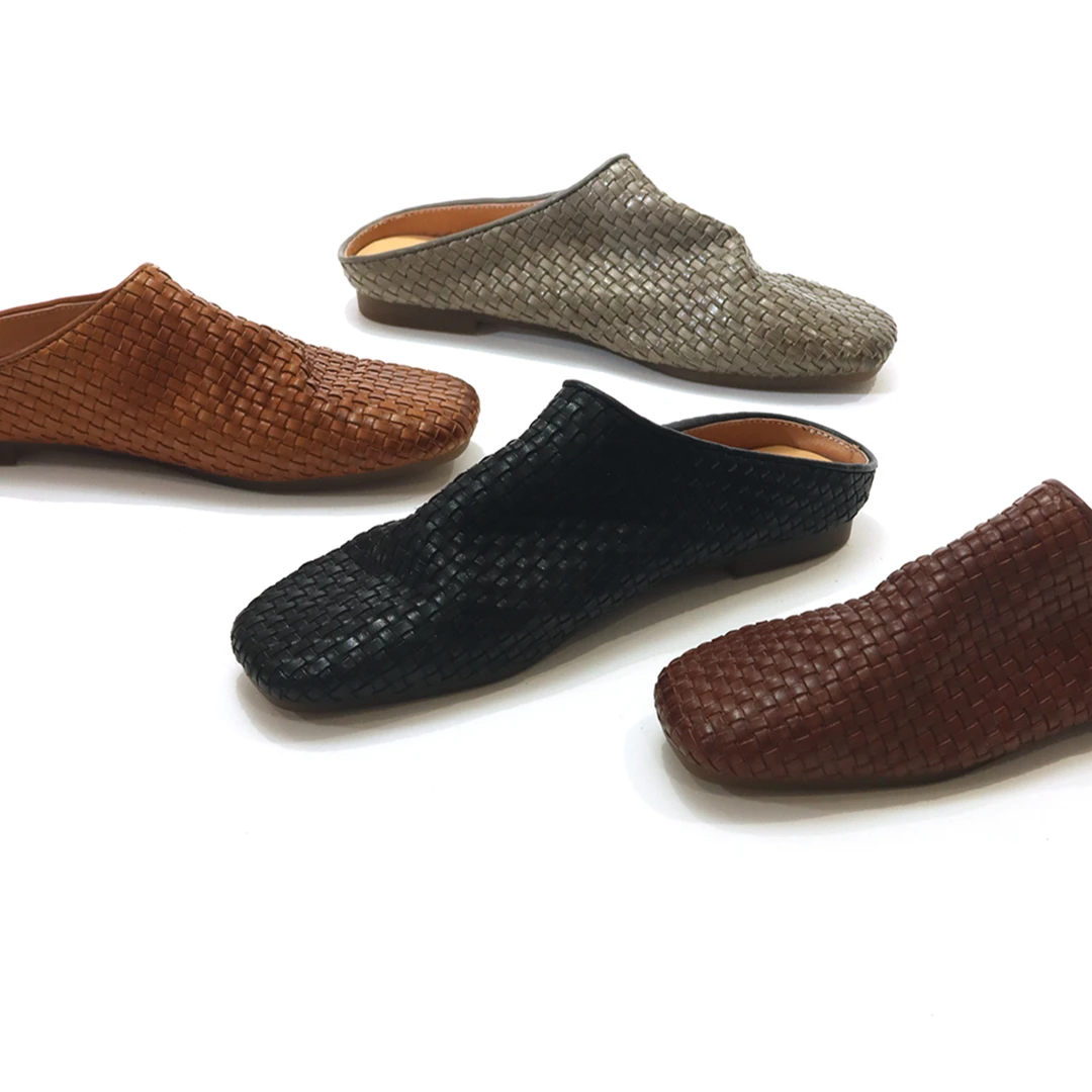 极简手工马皮设计半托真皮懒人平底透气女编织包头拖鞋ZH692-1