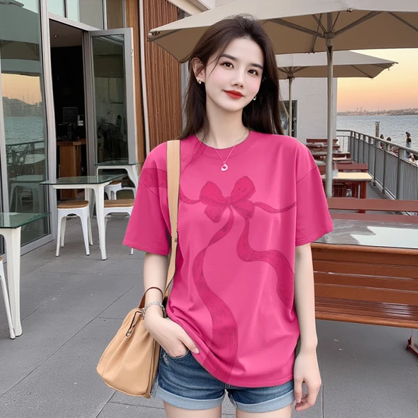 【烟熏玫瑰】纯棉高品质内搭短袖t恤  印花宽松休闲时尚24TX060D