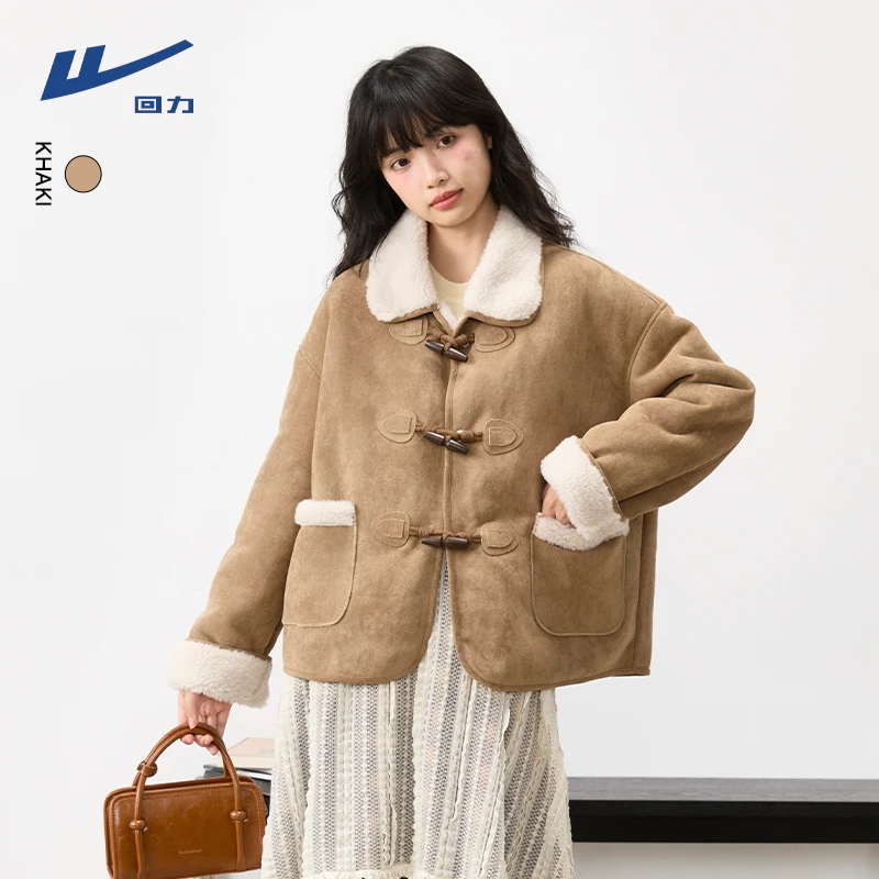 回力麂皮仿羊绒皮毛一体外套女秋冬季新款复古加厚宽松夹克上衣女