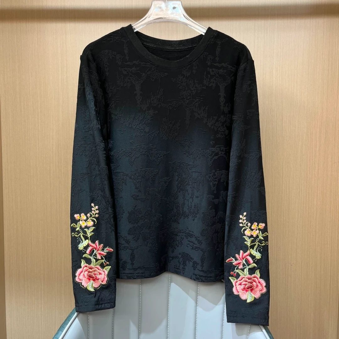 【刺绣牡丹】春季新款打底衫国风百搭圆领刺绣提花长袖内搭女