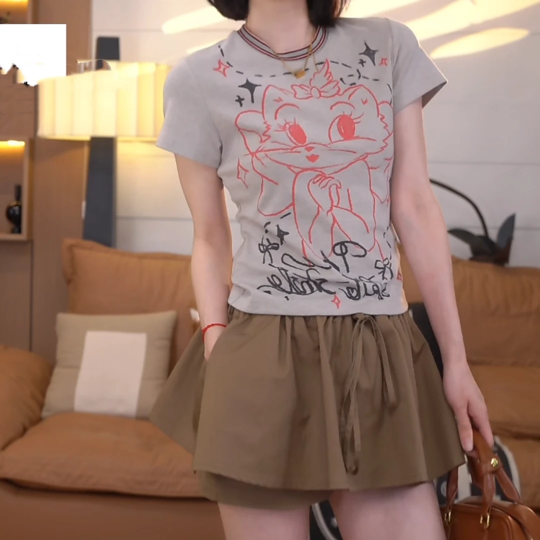 高级优雅精致显瘦圆领短袖2025夏季新款猫咪时尚百搭减龄T恤上衣