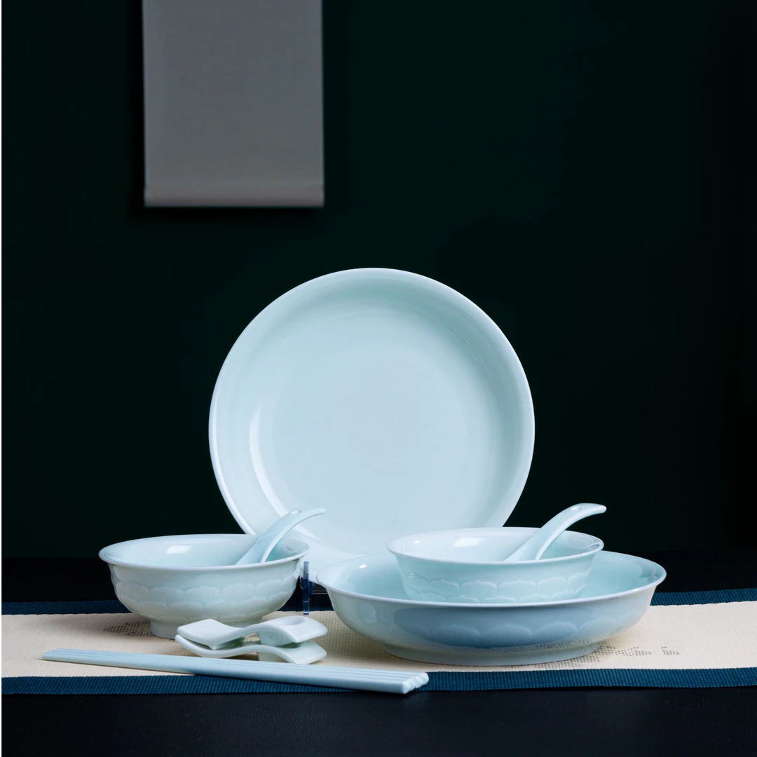 changnan/昌南景德镇正品高温釉下影青忆莲高档陶瓷双人餐具套组