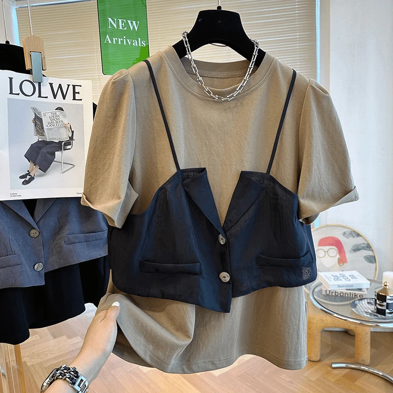 8268轻奢设计感网纱吊带拼接假两件t恤女短袖时髦洋气泡泡袖上衣