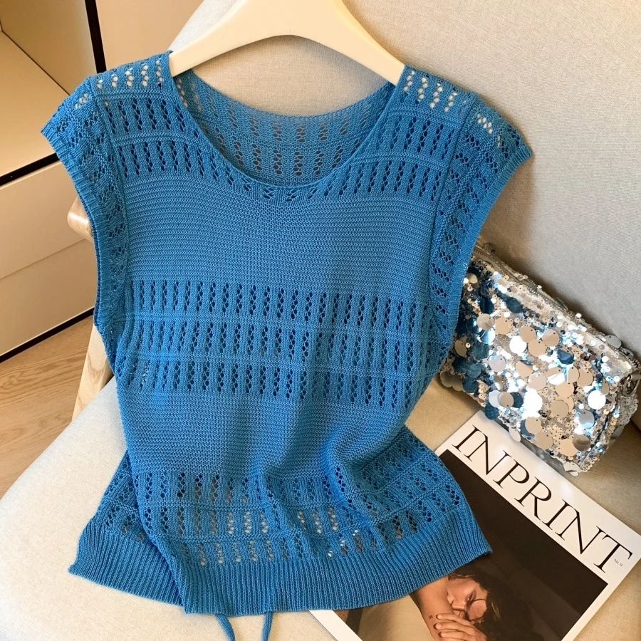 复古圆领镂空无袖针织打底衫女夏季2025夏装新款时尚宽松显瘦上衣