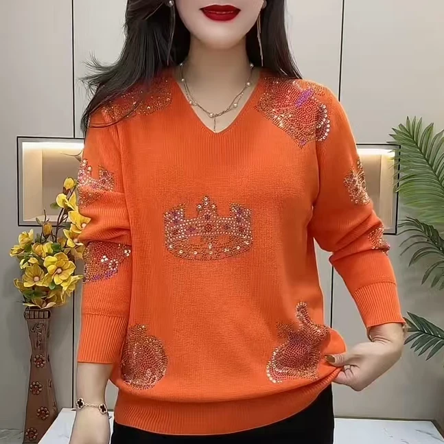 春秋款高档针织衫大码休闲妈妈装2025新款时尚镶钻百搭减龄打底衫