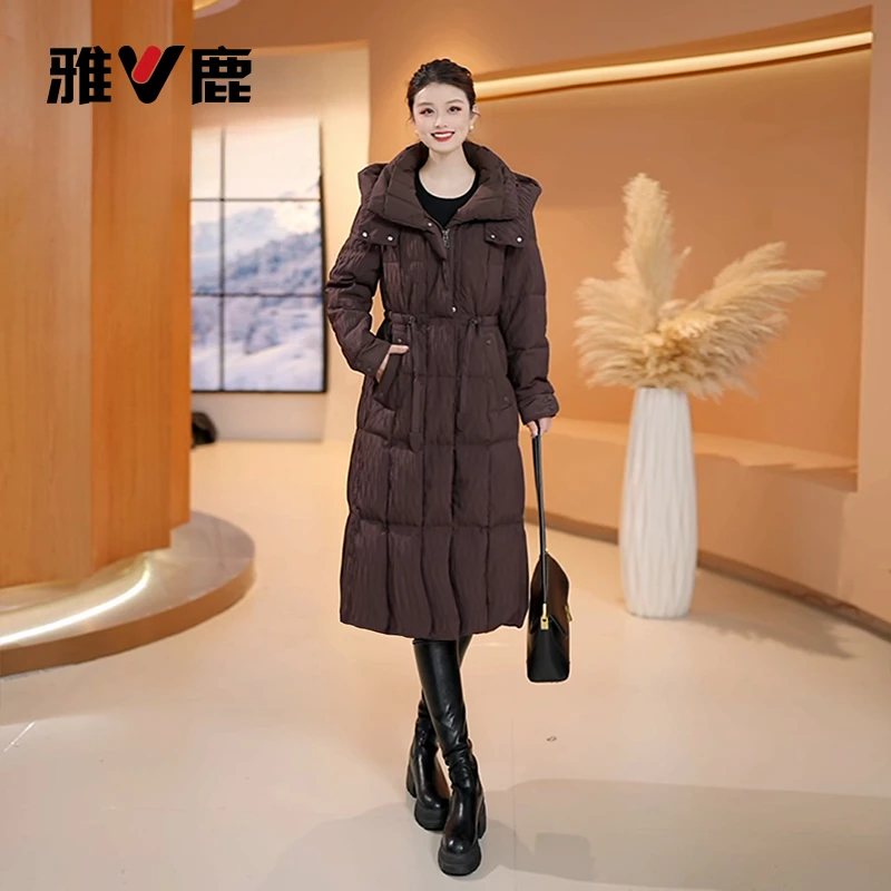 雅鹿冬季新款时尚中长款褶皱保暖百搭通勤收腰修身羽绒服