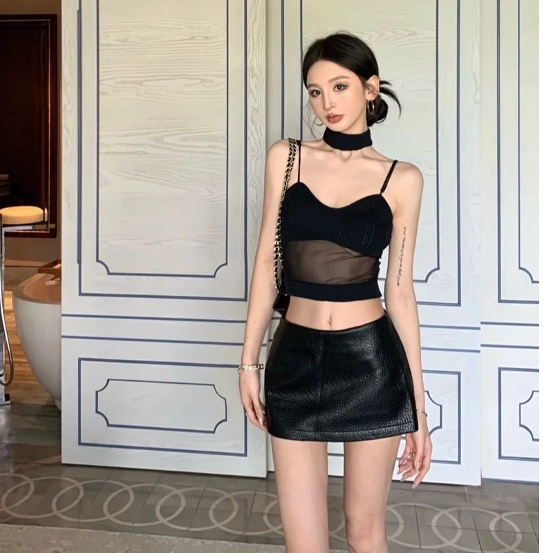 2025春季新款时尚设计感网纱拼接性感辣妹挂脖吊带背心针织上衣女