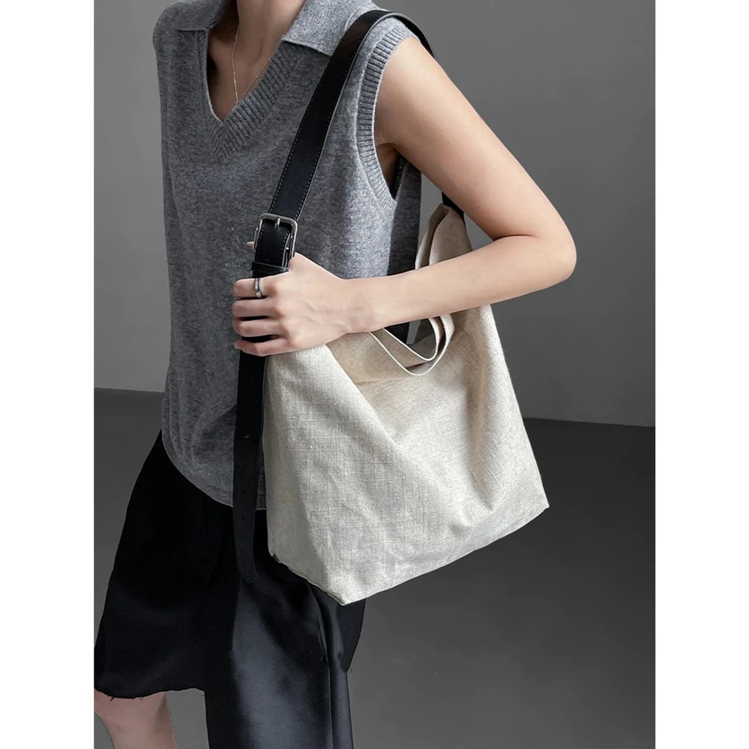 可比豆2025新款原创日系复古亚麻托特包文艺大容量布袋配单肩大包
