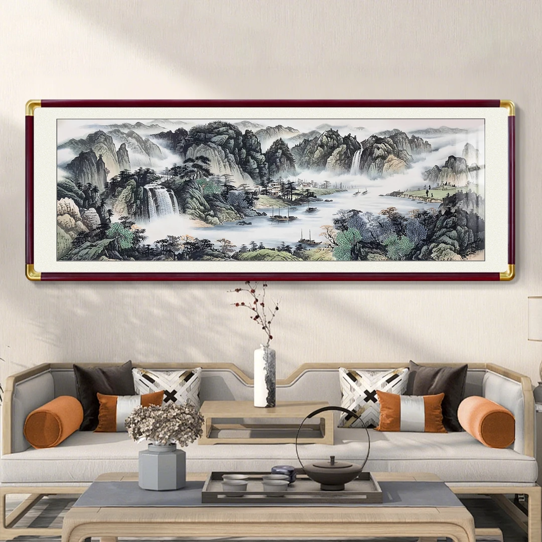 聚财流水生财风景画客厅沙发背景墙装饰办公室挂画字画山水靠山图