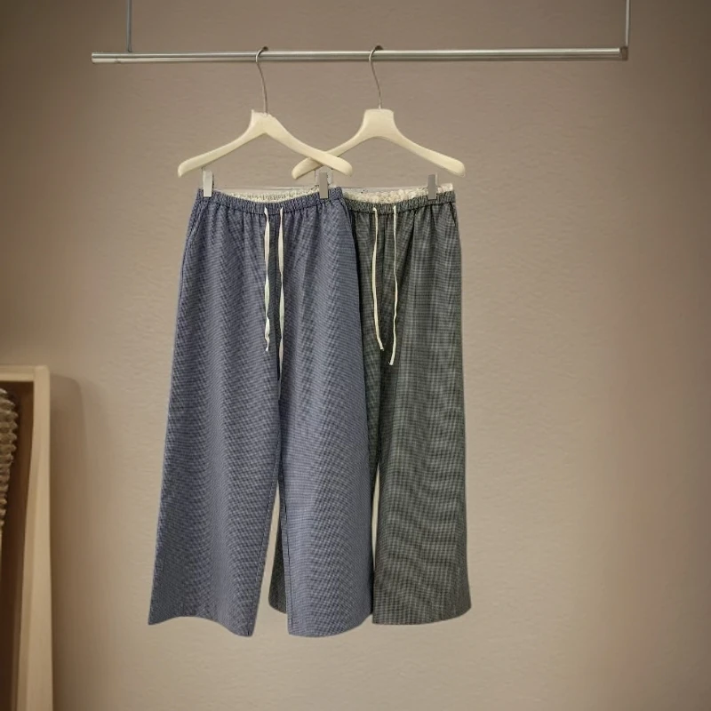 纯棉阔腿直筒格子休闲长裤夏季时尚春夏条纹阔腿裤抽绳松紧腰宽松