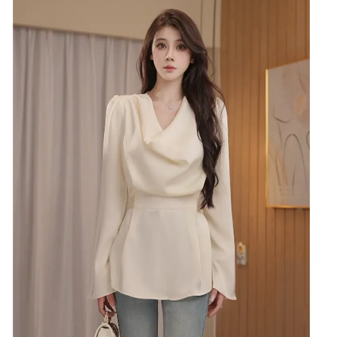 白色衬衫女2025夏季新款荡领高档锻面女士上衣高档衬衫