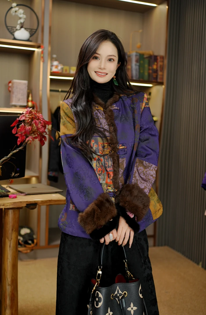 【伯虎说230】紫拼接新款气质百搭新中式时尚兔毛厚上衣
