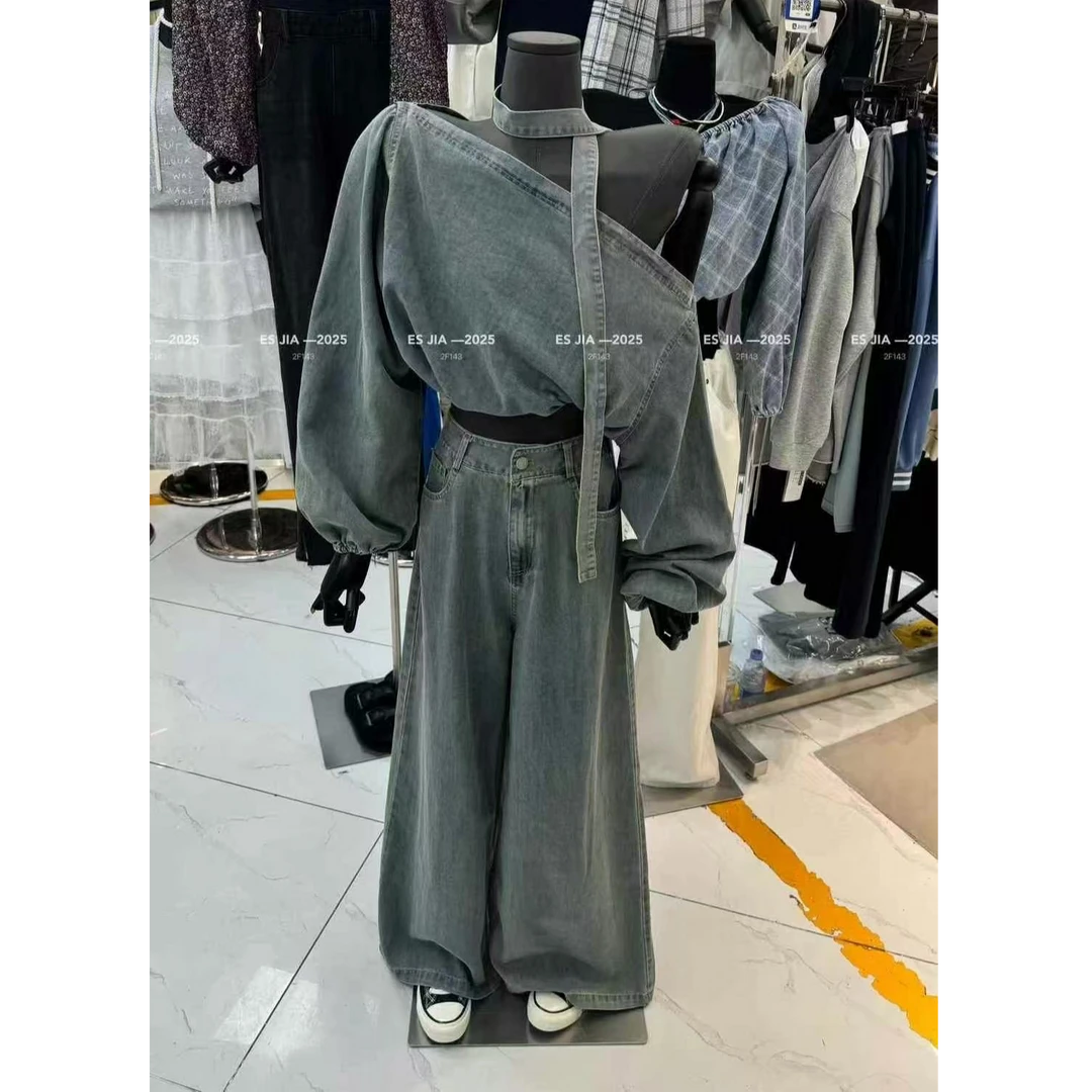 悠悠春季新款超火时髦性感斜领露肩上衣高腰阔腿裤牛仔裤两件套女
