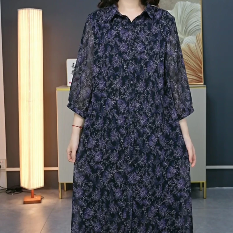 春秋季款大码女装清凉花色长袖气质木耳领显瘦遮腰连衣裙0027