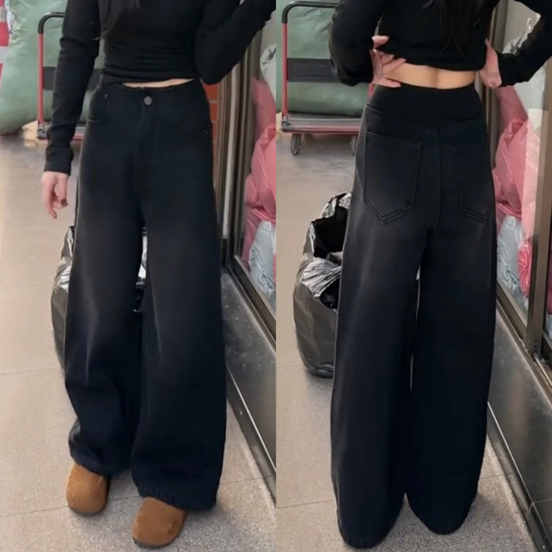 景倩妮黑色时尚百搭加绒牛仔裤2025年冬季新款高腰显瘦宽松阔腿裤
