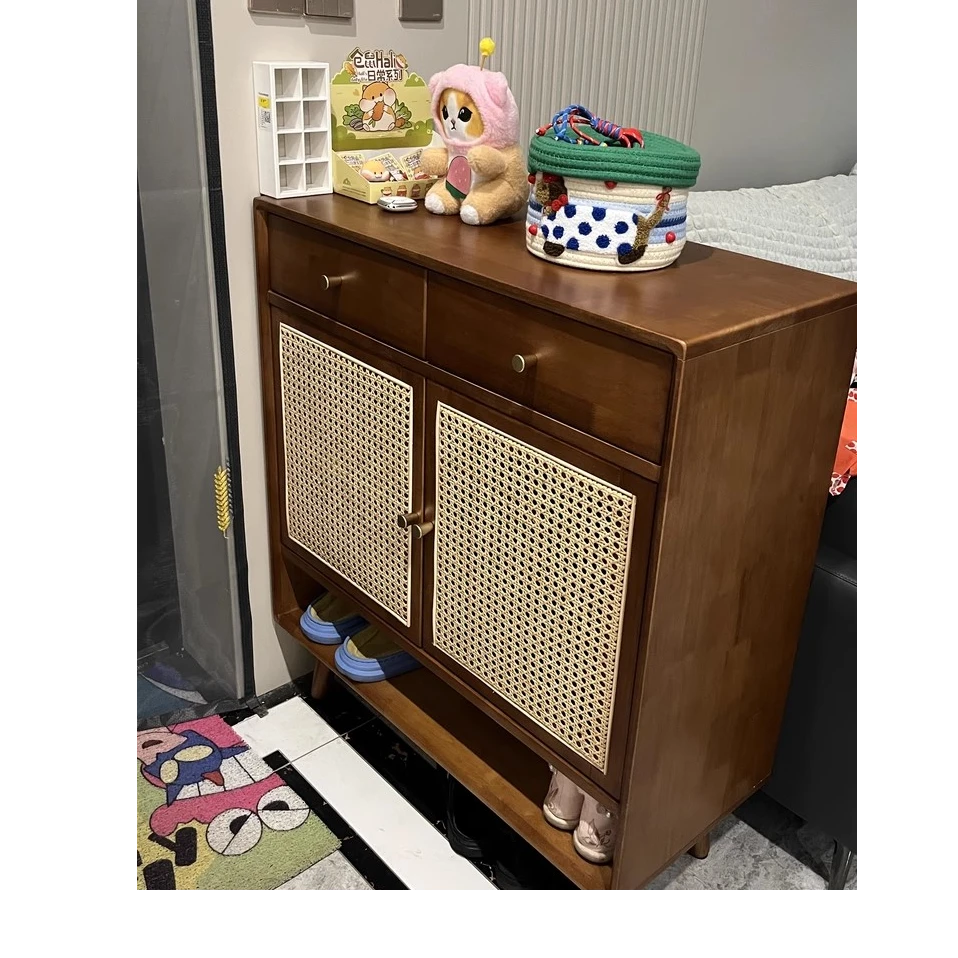 【外贸尾单】实木鞋柜储物柜进口藤编