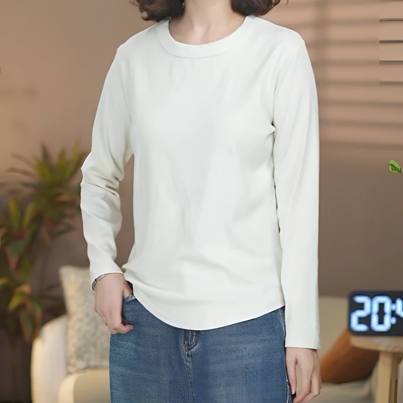 15001秋冬休闲时尚百搭宽松雪花绒圆领简约纯色套头长袖打底衫T恤