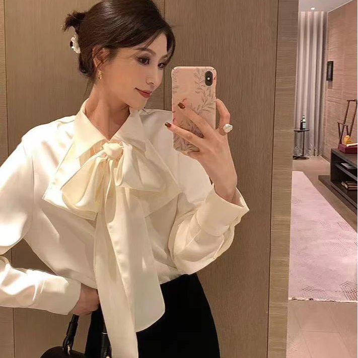 法式小香风蝴蝶结飘带缎面衬衫真丝设计感小众别致黑色打底衬衣