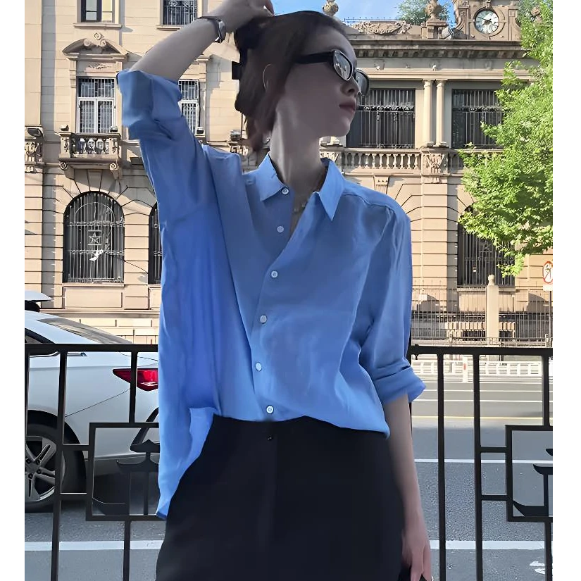 法式高级感长袖蓝色衬衫女2025新款夏季休闲衬衣宽松薄款防晒上衣