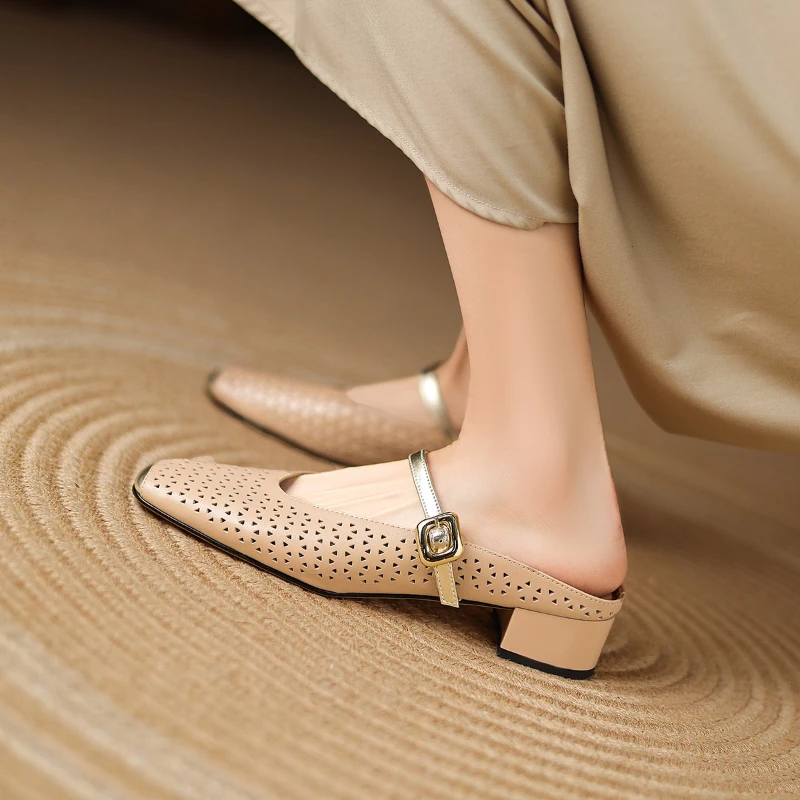 阿么手工女鞋一字带粗跟穆勒鞋百搭镂空夏时尚3CM上班鞋女款软底