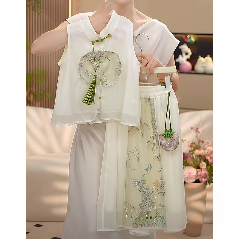 女童国风套装2025夏季女宝新中式无袖汉服盘扣阔腿裤古风九分裙裤
