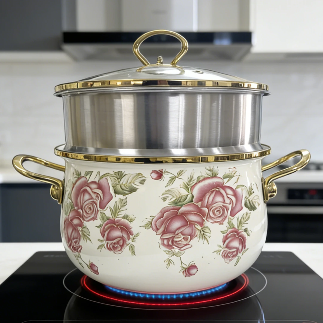 【七喜】22cm精品汤锅带蒸屉 玻璃盖珐琅搪瓷带盖加厚加高搪瓷汤锅