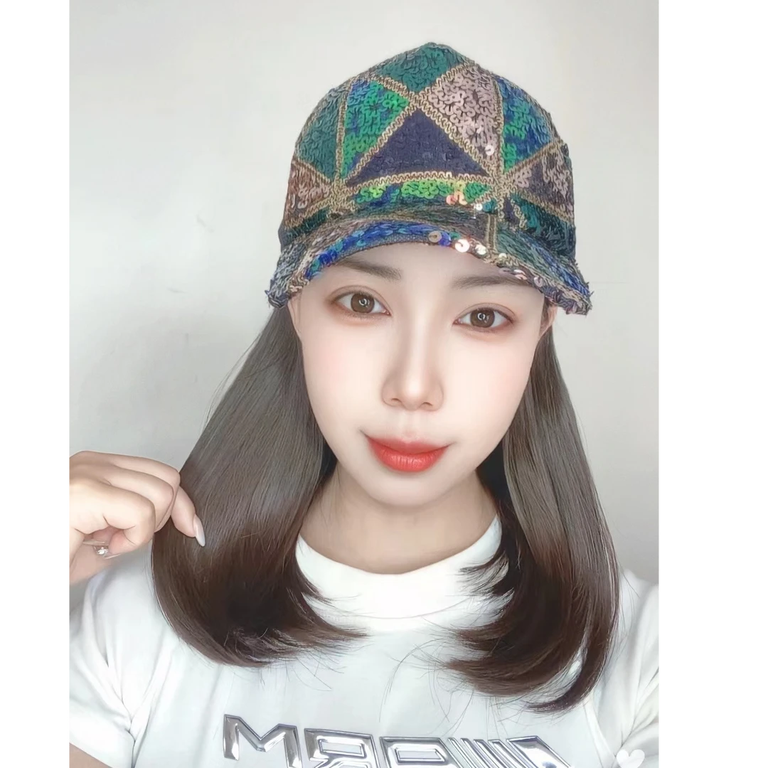 【重工时髦】彩色亮片鸭舌帽帽子假发一体轻薄镂空不闷热气质短内扣