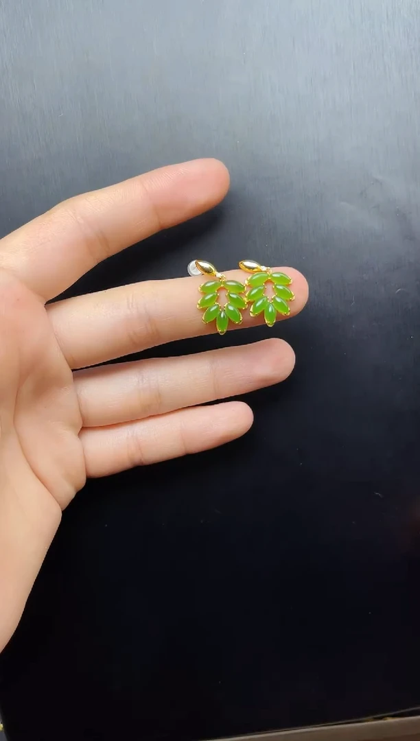 和田玉银S925镶嵌耳饰06叶子耳钉