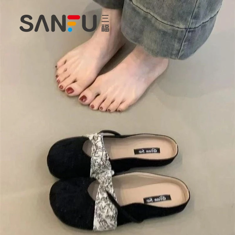 三福女鞋2025春夏新款法式复古方头软底包头拖鞋外穿蝴蝶结温柔鞋