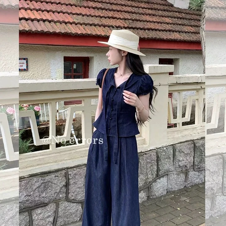 休闲风绑带收腰泡泡袖牛仔套装女蓝色气质复古小个子两件套1017#A