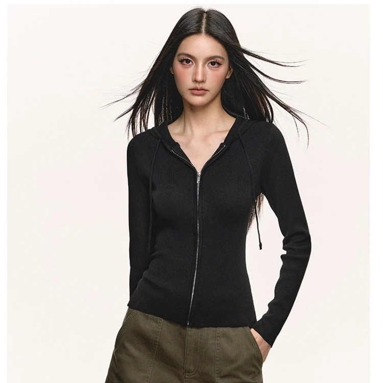 nna aneae黑色外套女早秋季新款休闲运动修身拉链连帽开衫上衣潮