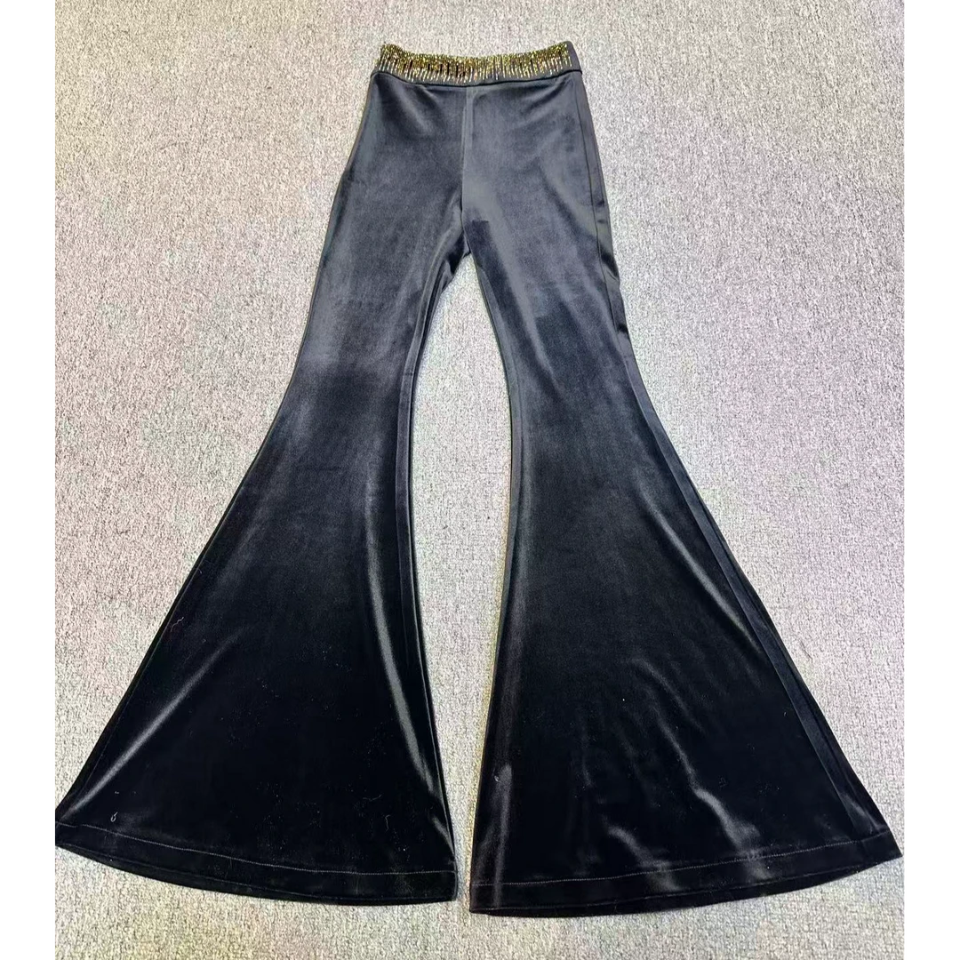 新wss女装-高腰喇叭裤超模黑色长裤新款腰部烫钻百搭裤子女