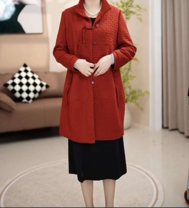 S035 时尚减龄简约妈妈外套女春秋气质宽松中长款通勤